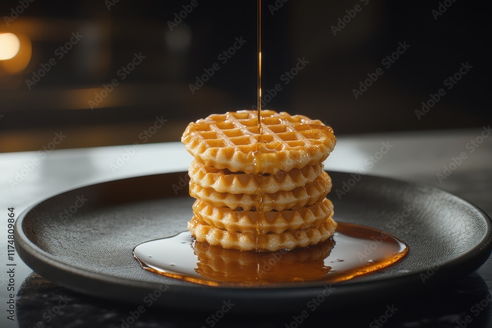 Aufkleber a stack of golden waffles drizzled with syrup, creating an inviting and delicious breakfast scene.
