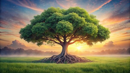 Fototapeta premium Serene Sunrise Majestic Tree with Exposed Roots in a Misty Meadow
