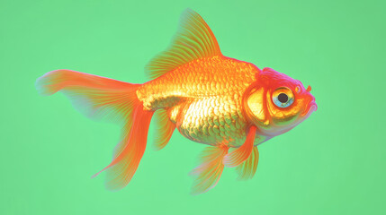 detailed close-up of a golden fish with luminous orange scales and delicate flowing fins against a bright green background, showcasing its radiant and intricate texture