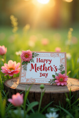Happy Mother’s Day card with blooming flowers on a wooden stump in a sunny garden