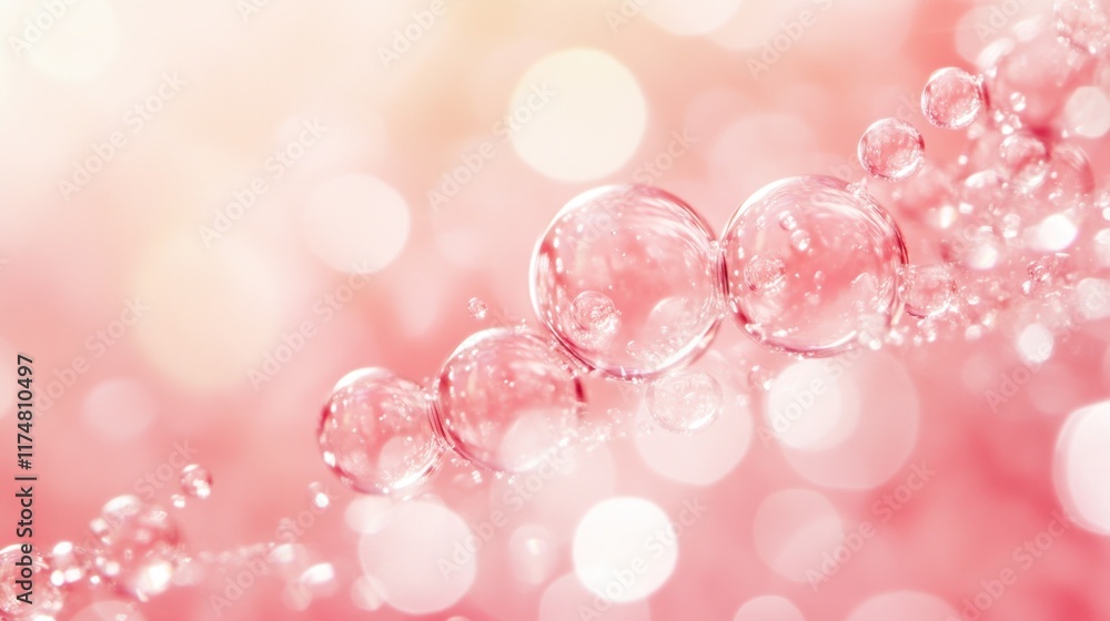 Poster pink bubbles floating on bokeh background.