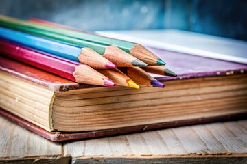 Classic school supplies: pencils, book, blackboard.  Back to school, simply.