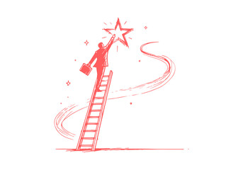 businessman on the stair reaching success hand drawn sketch
