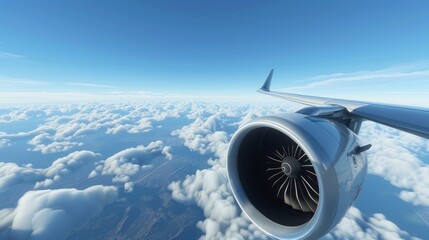 Aerial View from Airplane Wing with Engine Over Fluffy Clouds on a Sunny Day