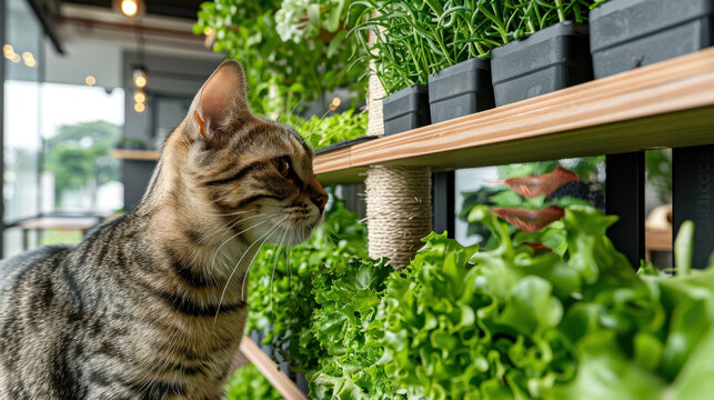 A curious tabby cat inspecting vibrant green plants on a wooden shelf in a modern indoor setting with natural light and cozy ambiance.
