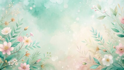 Serene Watercolor Botanical Illustration Featuring Delicate Pastel Flowers and Lush Greenery on a Soft, Dreamy Background