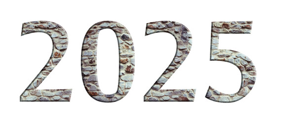 Stone numeral embossed font 2025 year isolated on white background. Numbers and symbols. Textured materials.