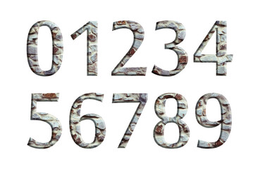 Stone number embossed font  from 0 to 9. Numbers and symbols.