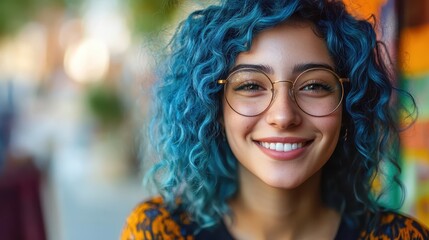 Fototapeta premium Portrait, young woman, vibrant blue hair, genuine smile, glasses, close-up, colorful background, joyful expression, cheerful mood, natural lighting, soft focus, modern style, youthful energy, vivid co