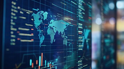 Obraz premium Global Data Visualization Screen Displays World Map And Charts