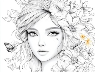 Enchanting Line Art Portrait of a Young Woman Surrounded by Flowers