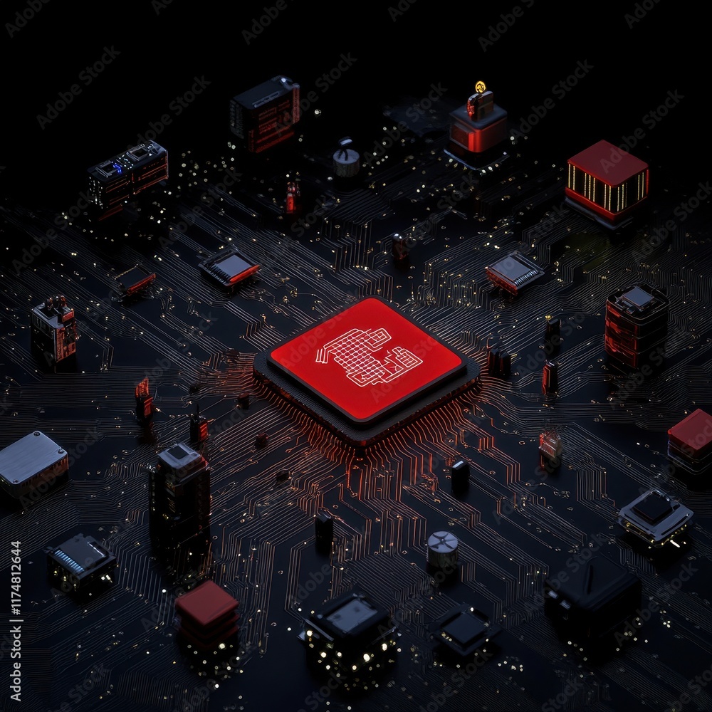 Poster a vivid illustration of a central processor surrounded by smaller components, symbolizing interconne