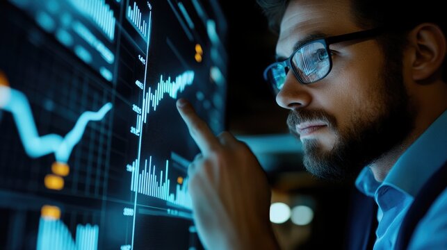 Man Analyzing Financial Data On A Large Screen