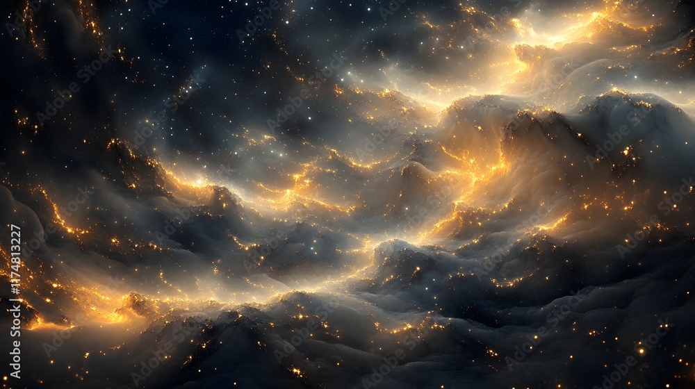 Poster mystical cosmic landscape with stars illuminated by soft ethereal light and dreamy abstract celestia