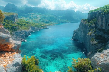 Breathtaking coastal view of turquoise waters and rugged cliffs during a sunny day in a remote area