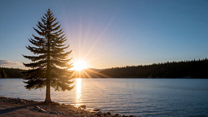 Last Rays of Sunlight on a Lone Fir Tree in a Serene Landscape