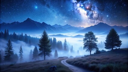 Serene Nighttime Vista Winding Road Through Misty Forest, Majestic Mountains, and Starry Sky