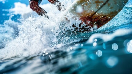 Dynamic Surfing Action: Close-up of Surfer Riding Vibrant Ocean Wave in Exciting Aquatic Environment