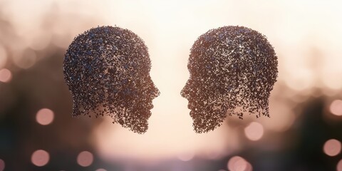 Two abstract human faces composed of tiny particles, facing each other against a soft, glowing background, symbolizing connection and thought.