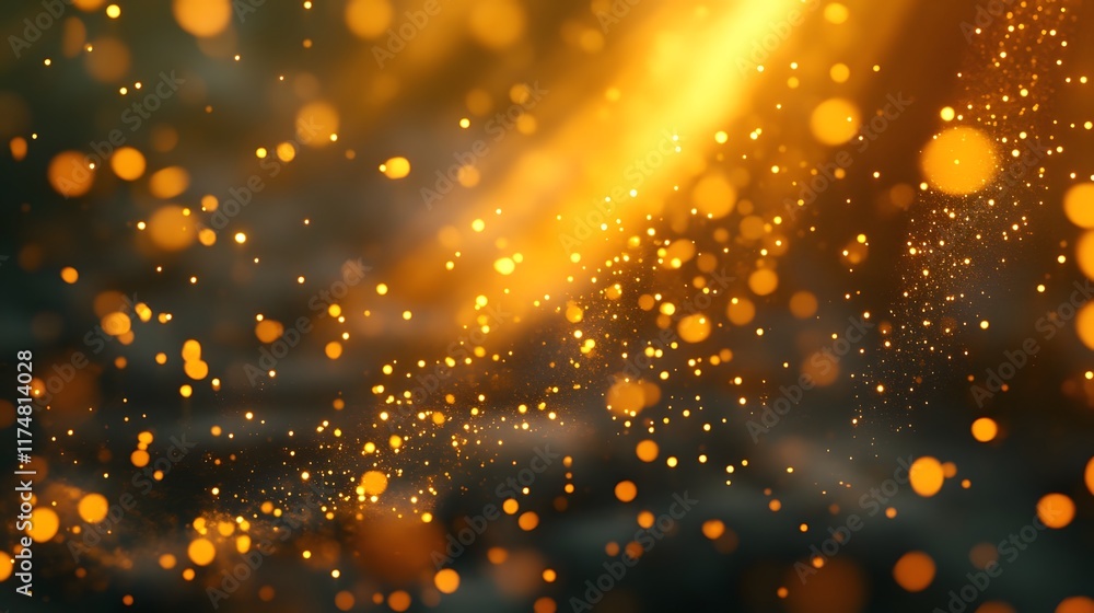 Poster glimmering golden particles swirling and dancing in a mesmerizing abstract light display creating a 