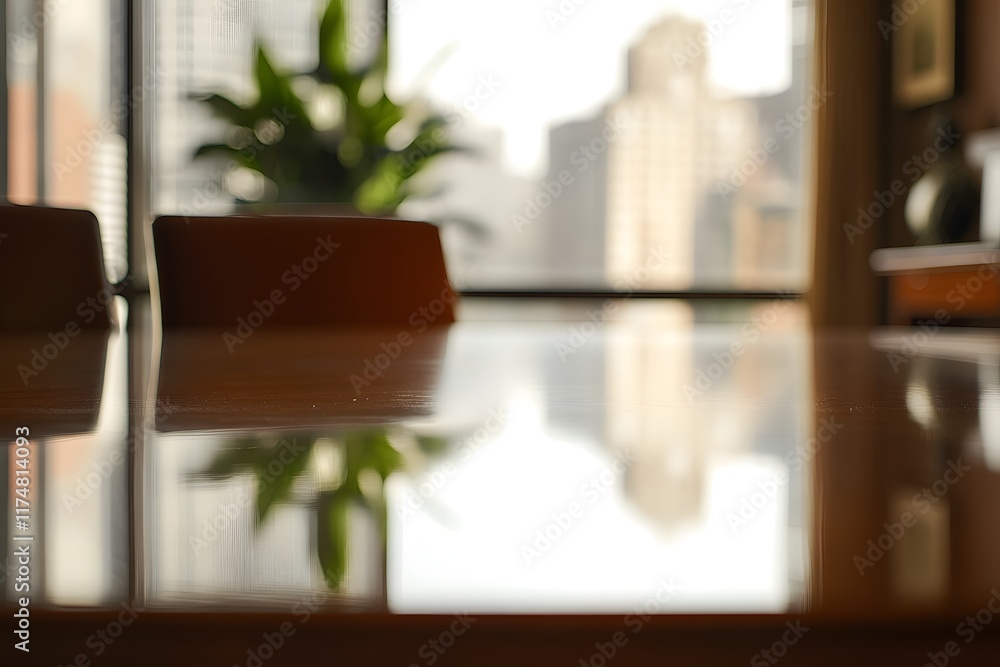 Poster blurred office background highlights elegant table in sophisticated setting
