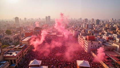 Vibrant Holi festival celebration with colorful smoke in urban landscape, unity