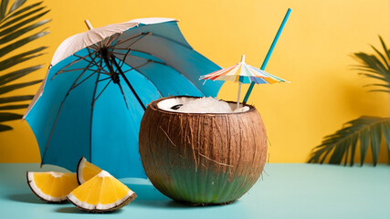 Mini Coconut Cocktail with Umbrella on a Bright Yellow Background