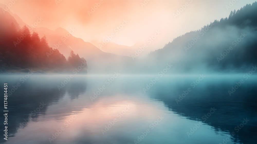 Aufkleber misty mountain lake landscape with reflection of forest covered peaks in tranquil serene wilderness 