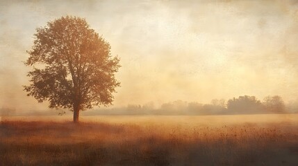 Fototapeta premium Serene and picturesque countryside landscape with a single lone tree standing in a golden autumn field surrounded by a hazy mist and a glowing ethereal sky at sunset A tranquil