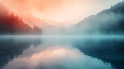 Fototapeta premium Misty mountain lake landscape with reflection of forest covered peaks in tranquil serene wilderness setting Peaceful atmospheric scene with mist and fog creating a moody ethereal ambiance