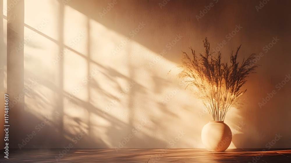 Poster warm autumn sunlight casting soft shadows on a minimalist vase filled with wheat stems creating a co