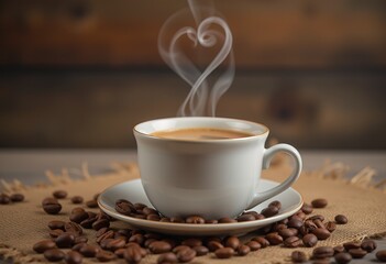 Obraz premium Steaming coffee cup surrounded by roasted coffee beans