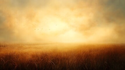 Fototapeta premium Breathtaking golden hour landscape with glowing horizon and tranquil meadow field Serene countryside scene bathed in warm vibrant sunset light Peaceful