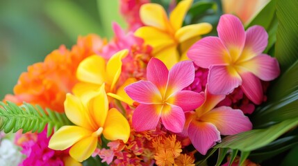 Fototapeta premium Vibrant Pink Yellow Tropical Flowers Bouquet