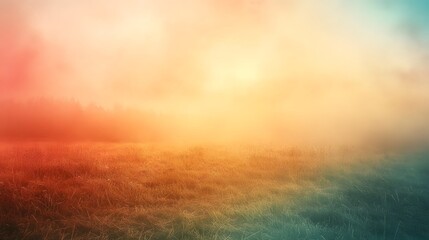 Obraz premium Breathtaking view of a misty golden lit meadow landscape at the break of dawn or dusk The serene tranquil scene features a glowing hazy sky with a warm ethereal ambiance