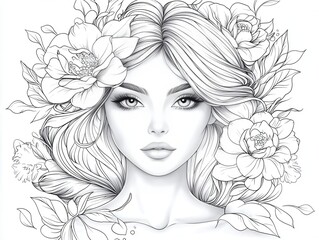 Elegant Line Art Portrait of a Woman Surrounded by Flowers