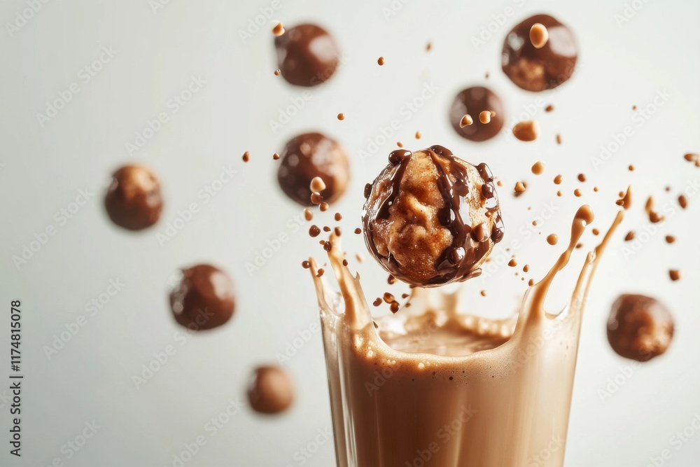 Poster a delicious chocolate ball splashes into a creamy beverage, creating a dynamic splash effect.
