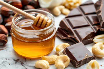 A flat lay composition showcasing golden honey in a jar, creamy macadamia nuts, whole hazelnuts, and dark chocolate bars arranged on a bright marble surface.
