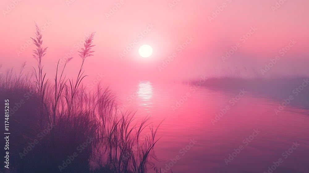 Poster captivating scene of a serene lake reflecting the glowing sunset sky at tranquil dusk shrouded in a 
