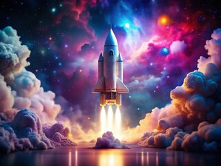 Fototapeta premium Double Exposure: Futuristic Rocket Toy & Space Nebula