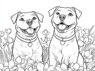Fototapeta premium Two Happy Dogs Sitting Among Colorful Flowers in a Garden