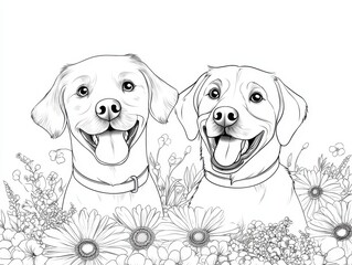 Two Joyful Dogs Surrounded by Beautiful Blossoming Flowers