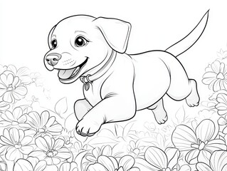 Playful Puppy Running Through a Field of Flowers in Black and White