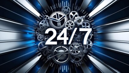 Metallic gears with 24/7 text, nonstop service. Ideal for repair, maintenance, technical support, and round the clock customer service promotions