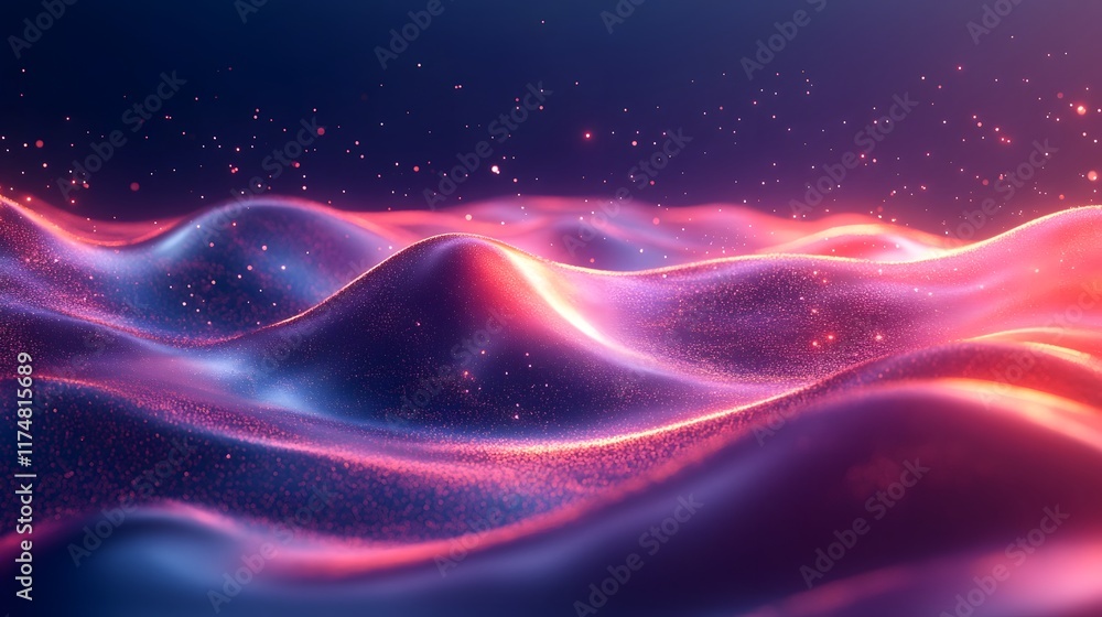 Poster ethereal gradient landscape of glowing celestial waves and atmospheric dust in vibrant hues of light