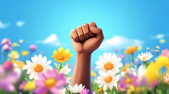 The illustration of a raised fist of African person's hand emerging from a field of colorful flowers represents resilience, strength, and the fight for justice. Black History Month background 
