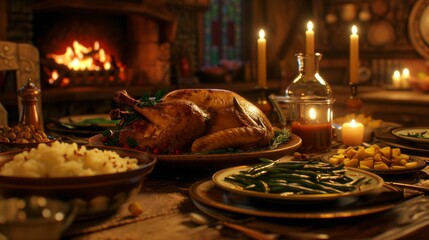Cozy Feast by the Fireplace with Roast Turkey and Candlelit Ambiance