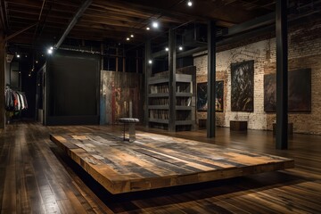 Rustic modern fusion wood beam platform in an upscale gallery space, highlighting its unique design and atmosphere.