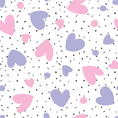 Seamless pattern pink and purple hearts on dots and dashes, white background