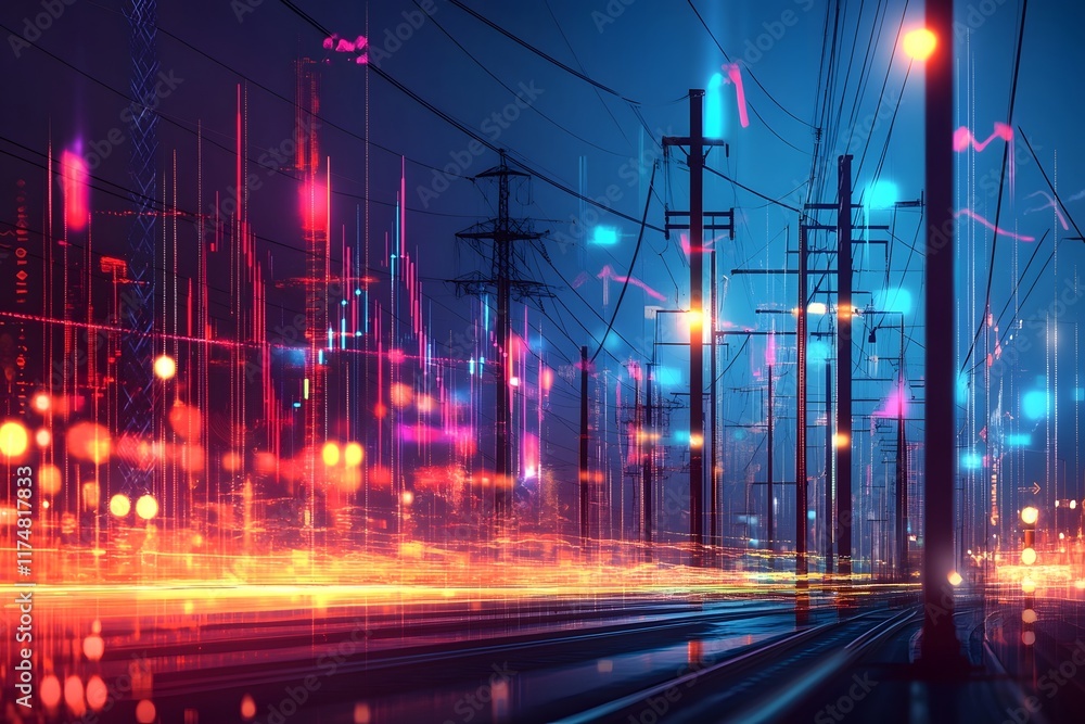 Poster futuristic urban abstract background with dynamic financial data visualization